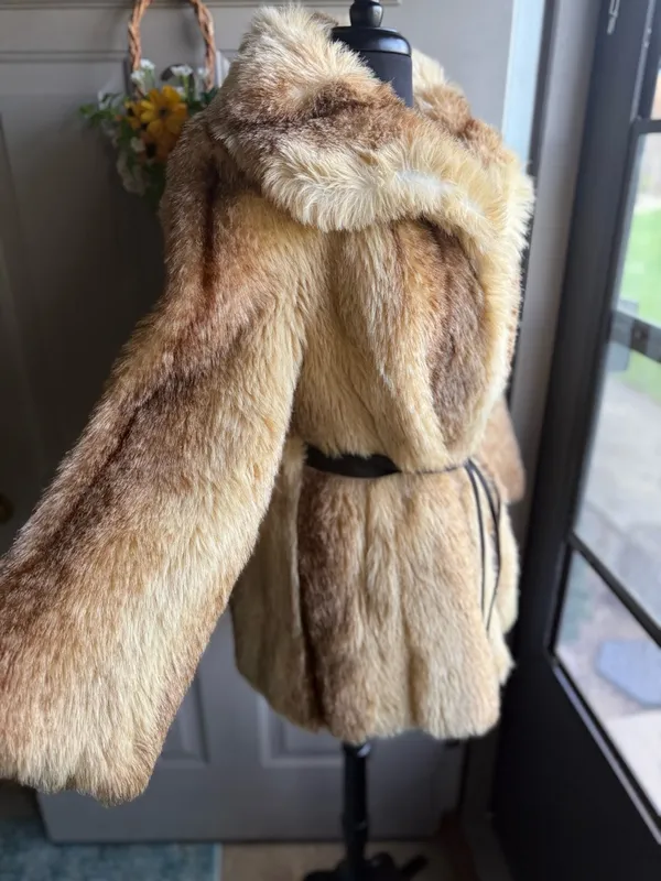 Vintage Tissavel France Gino Rossi faux fur collared belted coat, size medium - Image 4