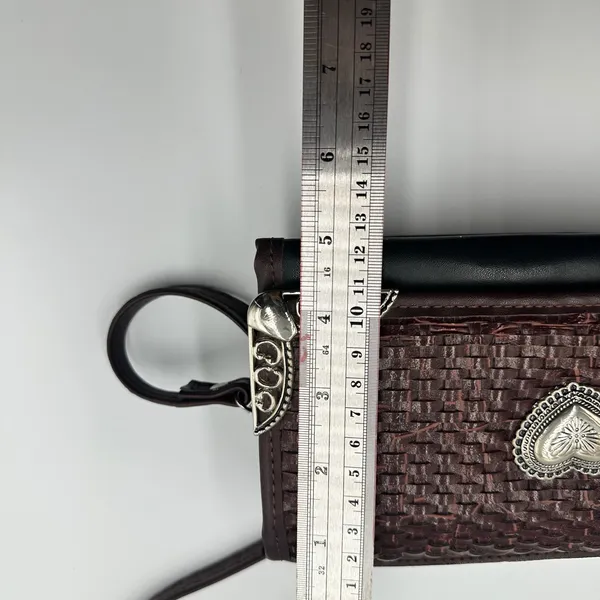 Western Woven Heart Concho Crossbody Wallet Bag Brown Black Ornate Corners - Image 9