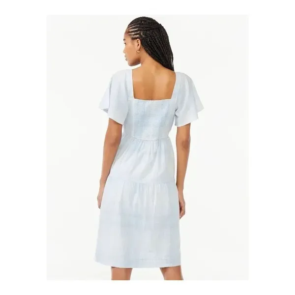 Free Assembly Women’s Tiered Midi dress light blue plaid size M elastic back flu - Image 3