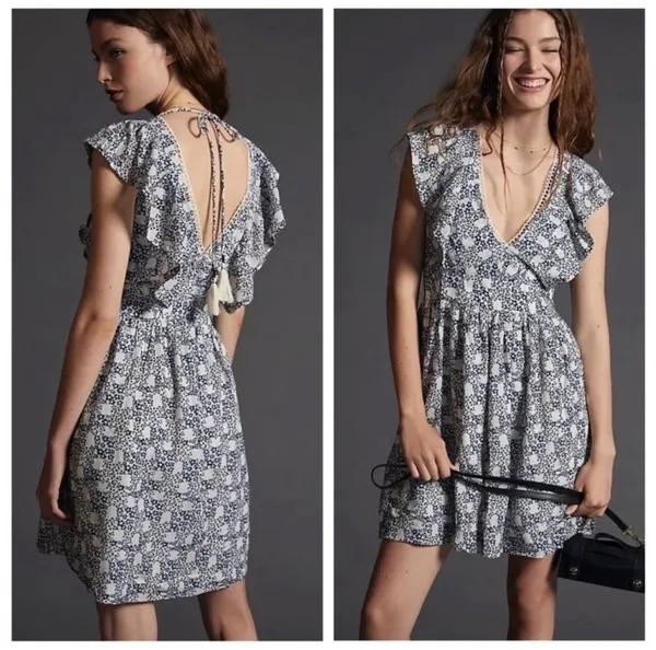 Anthropologie V-neck Plunge Tunic Mini Dress Women’s Small Floral Blue‎ White - Image 2