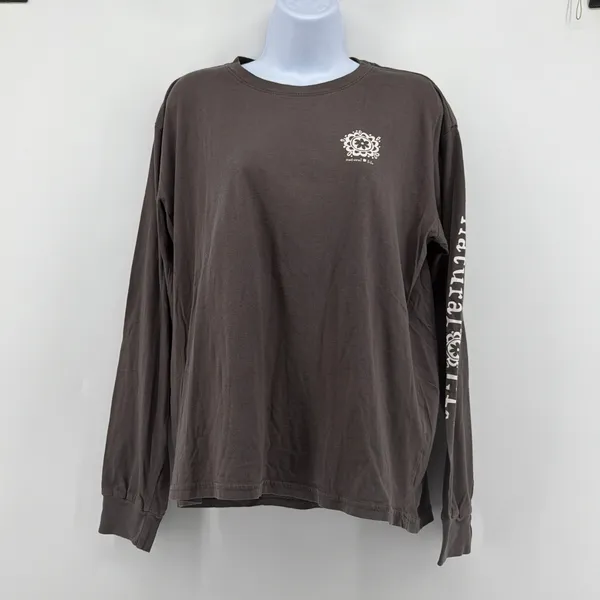 Natural Life Be Happy Floral Graphic Long Sleeve Tee Medium Charcoal Gray Boho - Image 2