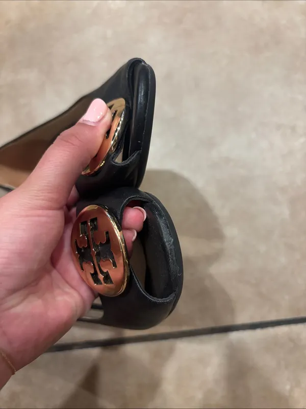 Tory Burch Black & Gold Sally Peep Toe Leather Wedges - Image 3