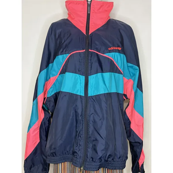 Vintage Adidas Windbreaker Jacket Navy Pink Teal Colorblock Trefoil Large - Image 3