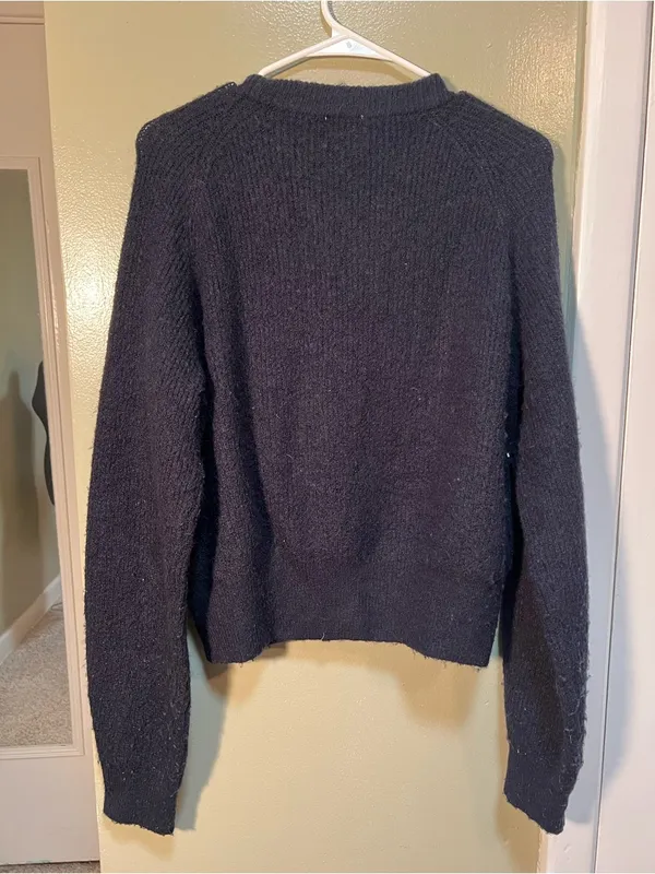 H&M Women's Size Large Rib-Knit Cardigan Sweater Navy Blue Crewneck Stretch Wool - Image 5