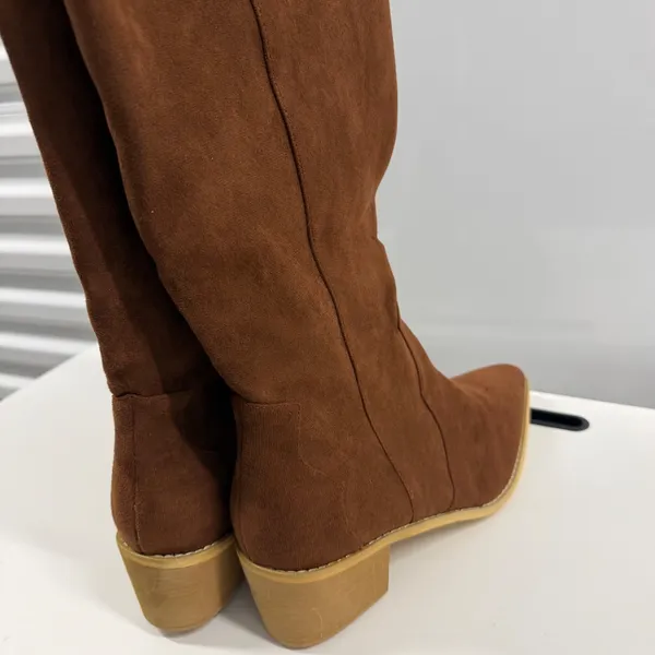 Brown Faux Suede Western Cowboy Boots Pointed Toe Side Zip Block Heel Size 44-12 - Image 5