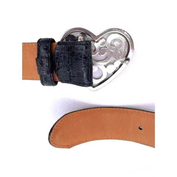 Vintage Brighton Black Croc Embossed Leather Belt Heart Scroll Buckle USA Sz 38 - Image 6