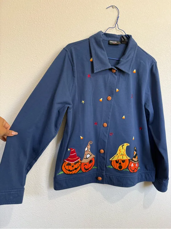 Vintage Onque Casuals Halloween Pumpkin Jacket L Witchy Whimsigoth Embroidered - Image 8