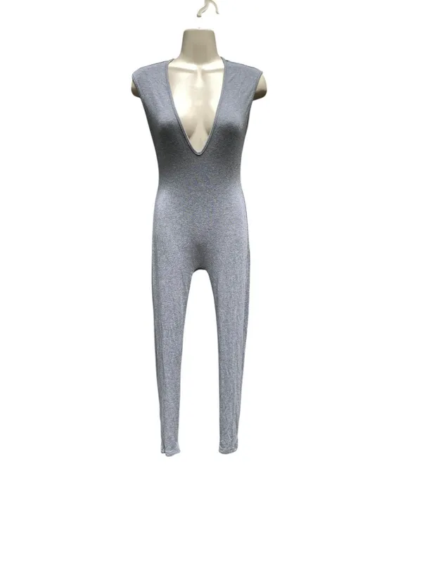SheIn Gray Ribbed Knit Plunge Sleeveless Jumpsuit S Stretchy Bodycon Catsuit - Image 4