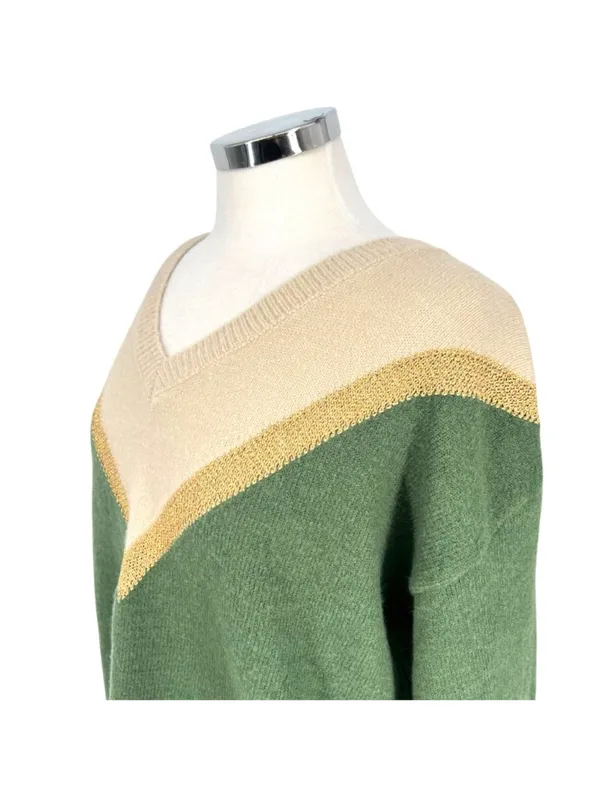 Aaron & Amber Chevron V-Neck Sweater Cabincore 70s Retro Beige Gold Green Medium - Image 5