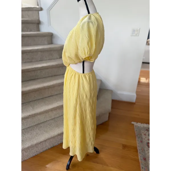 Petal + Pup Butter Yellow Puff Sleeve Midi Length Milk Maid Cut Out Back Dress - Image 3