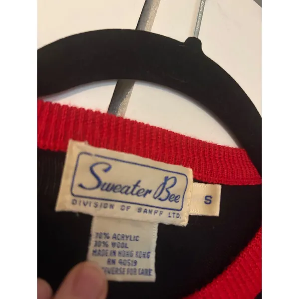 Sweater Bee‎ Black Purple Green Red Trim Long Sleeve Knit Sweater Size S - Image 5
