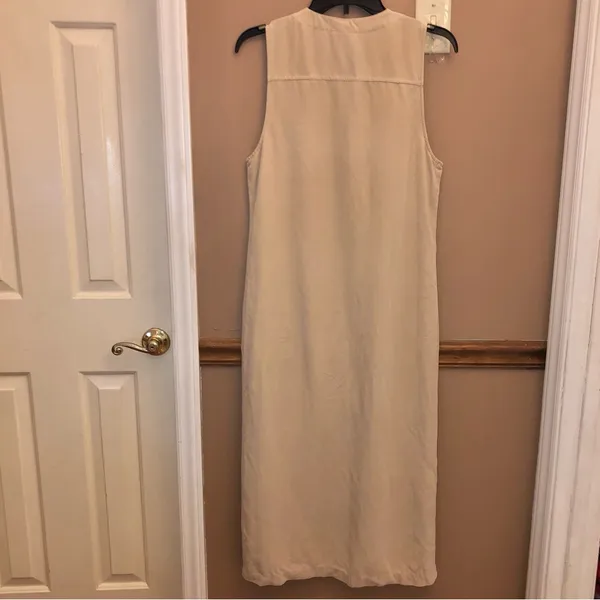 Talbots Linen Blend Button Front V Neck sleeveless Dress‎ Tan 4 Petite - Image 2