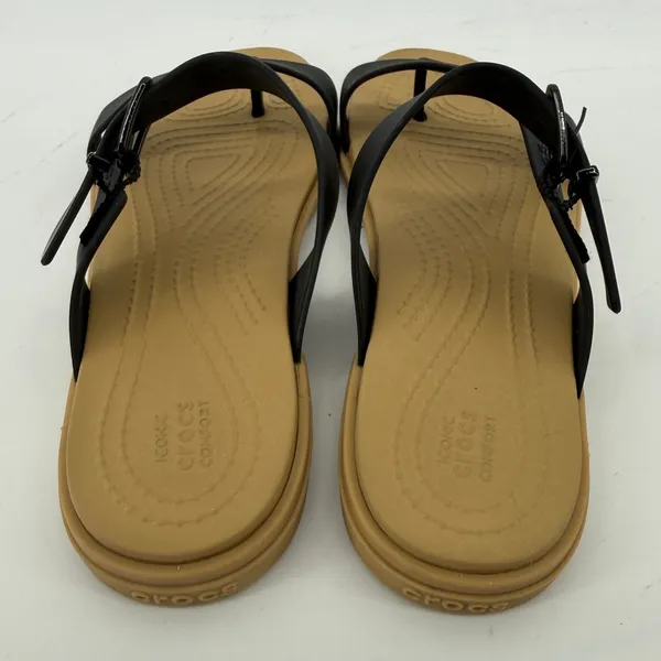 Crocs Tulum Toe Post Sandal Black Tan Women 6 Strappy Slip On Flip Flop Buckle - Image 4