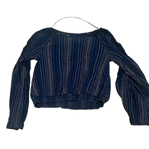 Free People Women's Navy Striped Blouse V-Neck Balloon Sleeve S - Image 10