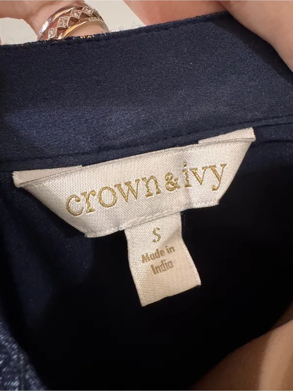 Crown & Ivy Jacquard Floral Metallic 3/4 Puff Sleeve Dress Blue Gold - Image 9