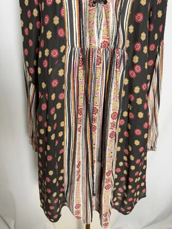 Free People Black Floral & Stripe Lace-Up Long Sleeve Mini Dress - Image 4