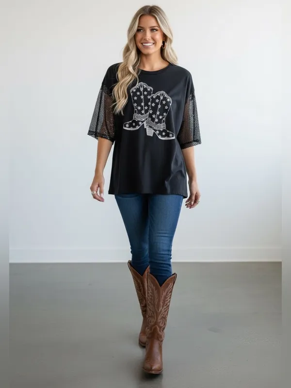 Black Western Rhinestone Graphic Top Metal Mesh Sleeves Country Medium - Image 2