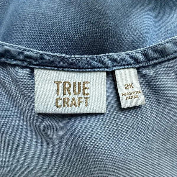 True Craft Dress 2X Plus Blue Denim Chambray Short Sleeve Tiered Swing - Image 4