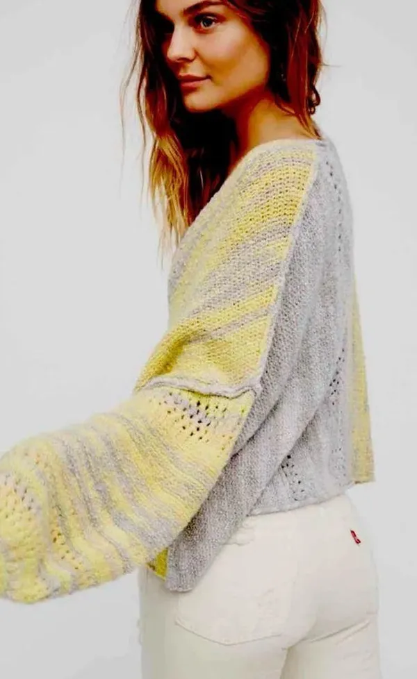 Free People Amethyst Marled Oversized Chunky Knit Sweater Size M Yellow/Gray - Image 2
