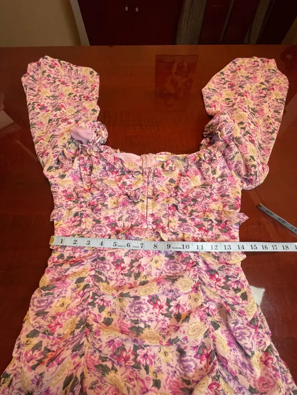 ASTR The Label Floral Ruched Puff Sleeve Mini Dress Purple Sz L Fairy Whimsical - Image 7
