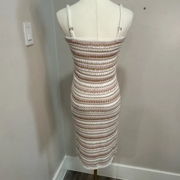 Olive + Oak Striped Knit Bodycon Midi Dress‎ Tan Cream Brown Womens Medium - Image 3