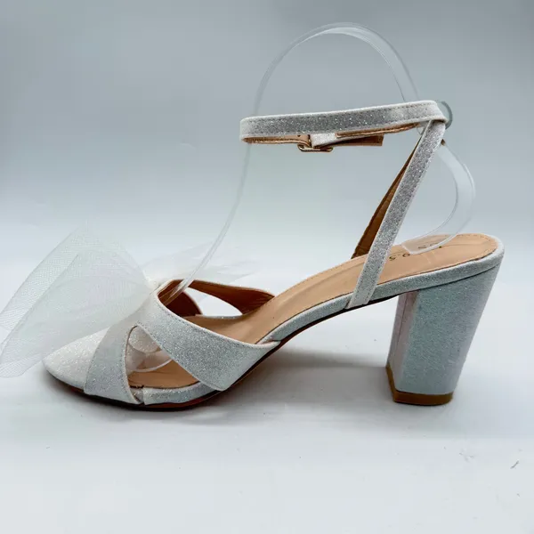 White Glitter Block Heel Sandals with Oversized Tulle Bow Ankle Strap Size 9.5 - Image 4