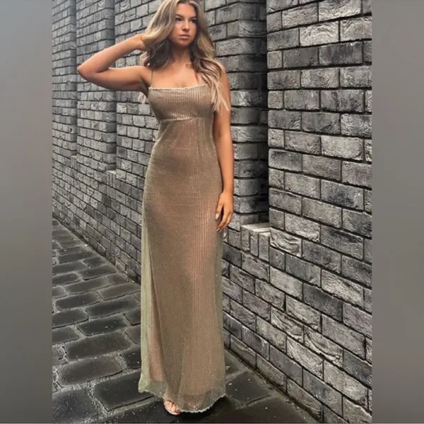 NWOT House of CB 'Alondra' Cafe Au Lait Beaded Maxi Dress sz L - Image 4
