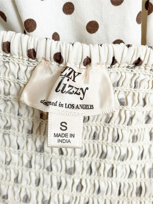 Dizzy Lizzy Polka Dot Smocked Midi Dress Small Cream Brown Cotton Cottagecore - Image 7
