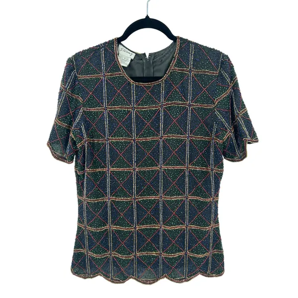 VTG Stenay Silk‎ Holiday Beaded Blouse Short Sleeve Embellished Women's Top L - Image 2