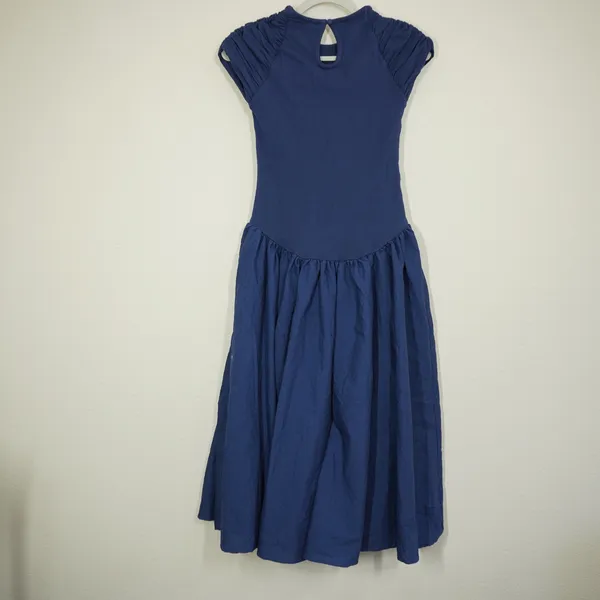 Free People XS Midi Dress Navy Blue Pleated Cap Sleeve Drop Waist Casual Daytime - Image 8