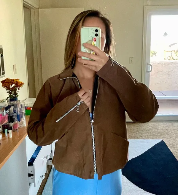 Caramel brown custom made microsuede feel women’s bomber jacket size M medium - Image 2
