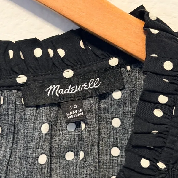 Madewell Dress Sz 10 Black White Polka Dot Smocked Ruffle Mini Sundress Retro - Image 4