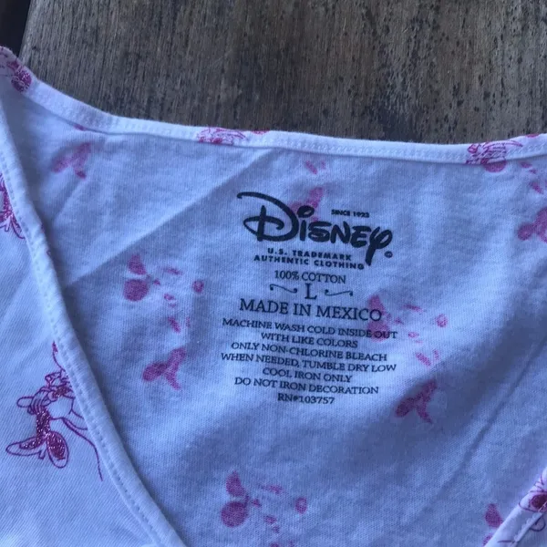 Disney Womens‎ Tee Size Large Minnie Mouse Glitter V-Neck White Pink Top Shirt - Image 2