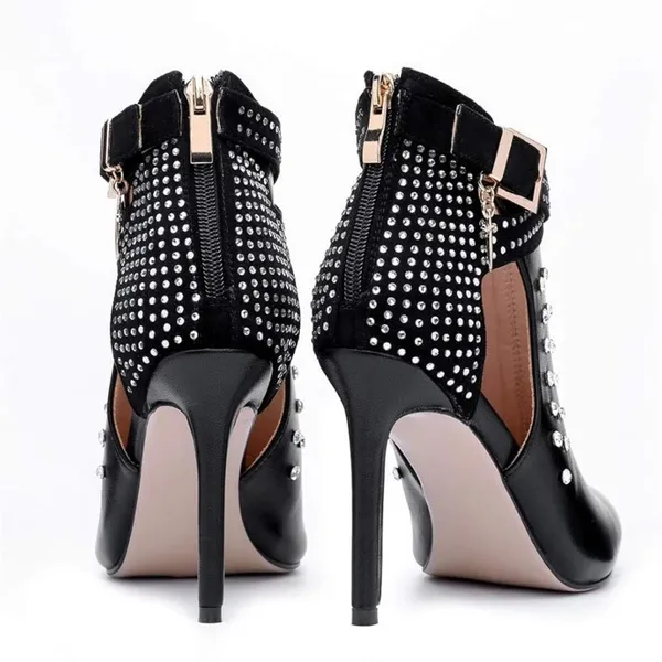 Sexy Black Rhinestone Faux Leather Stiletto Booties Size 8 - Image 3
