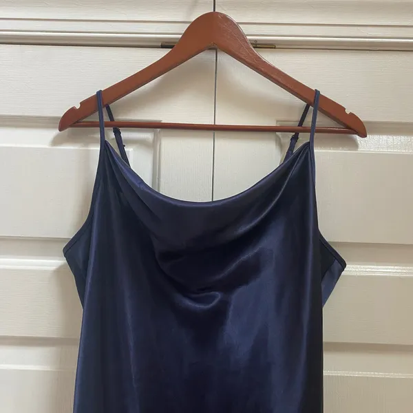 Y2K Bebe Slip Dress XL Navy Blue Cowl Neck Satin Midi Cocktail - Image 4