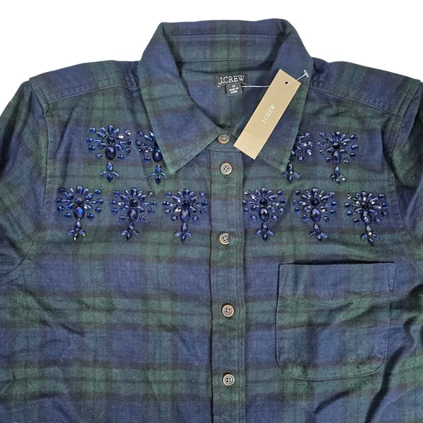 J Crew‎ Womens Plaid Flannel Shirt Blue Green Beaded Embellished Button Down 10 - Image 4