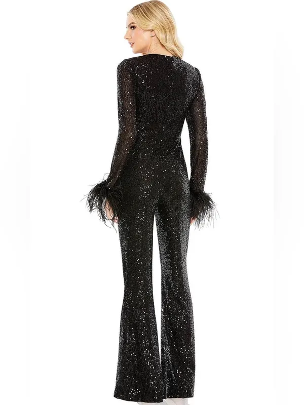 Mac Duggal Black XS Sequin Feather Trim Flare Leg V Neck Pants Jumpsuit - Image 3