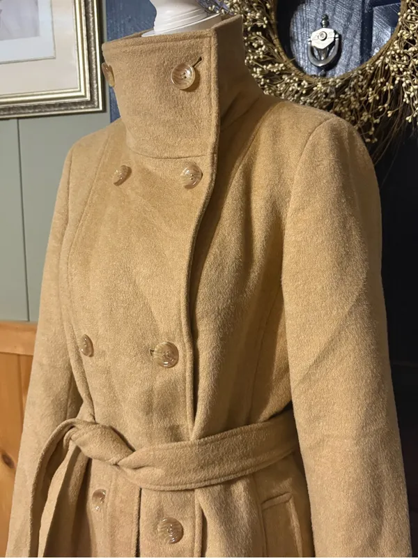 Calvin Klein Camel Wool Blend Belted Double Breasted Coat Funnel Neck Med? - Image 2