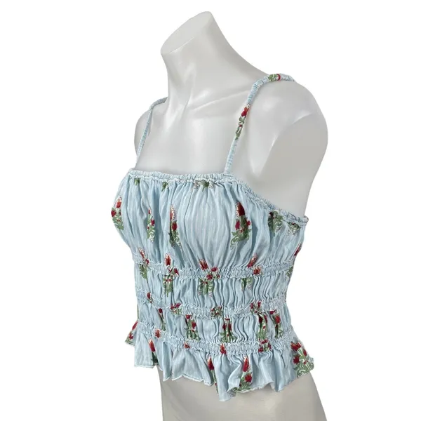Free People We The Free Dolce Vita Blue Floral Ruffle Ruched Cami Tank Top Sz L - Image 3