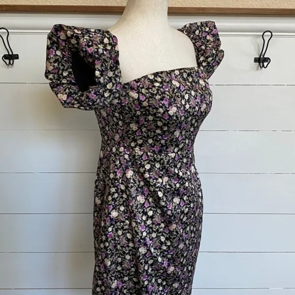 Pomelo Floral Puff Sleeve Mini Dress Black‎ Purple Square Neck Smocked Back M - Image 11