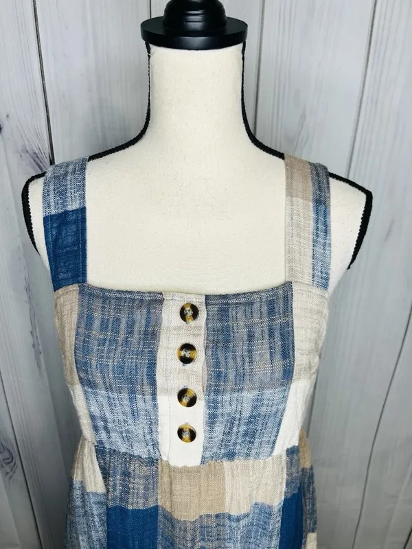 Easel Los Angeles Patchwork Midi Dress Womens Sz L Blue Tan Boho Textured NWT - Image 3