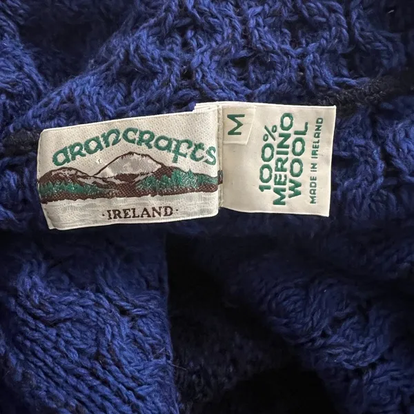 Aran Crafts Ireland 100% Merino Wool Blue Cable Knit Cardigan Jacket M - Image 5