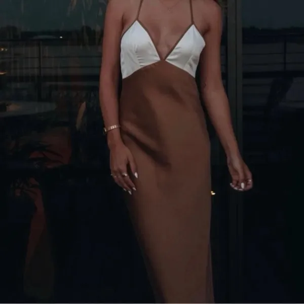 Abercrombie & Fitch‎ Brown Cream Colorblock Satin Maxi Slip Dress MT Tall - Image 3