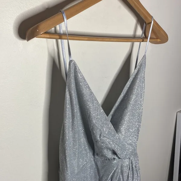 Lulus Keep Your Shine On Light Grey Metallic Faux-Wrap Maxi Dress size M - Image 6