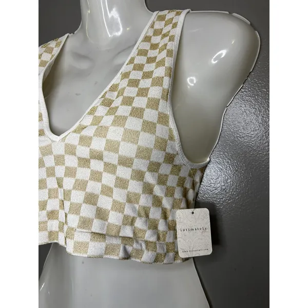 Free People Bralette Bra Womens M-L White Gold Check Knit Glitter Crop Top - Image 3