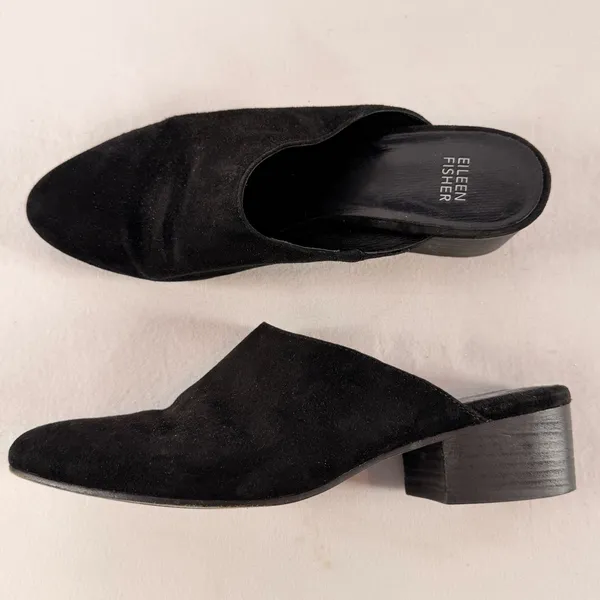 Eileen Fisher Sylvia Suede Block Heel Slip On Mules in Black Size‎ 9 - Image 2