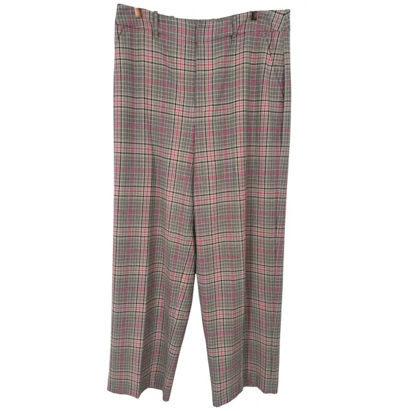 ON-34TH Womens Plaid High Rise Wide Leg Trouser Pants Tan Navy Pink Size 12 - Image 3