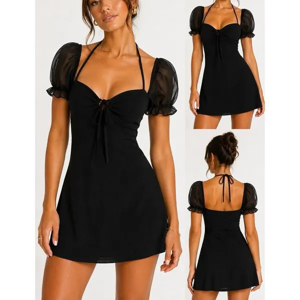 Princess Polly Black Puff Sleeve Mini Dress US 6 Tie Front Party Dress - Image 2