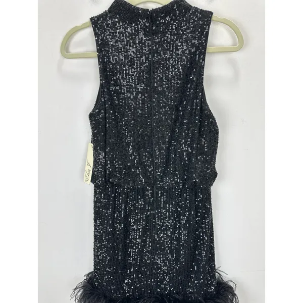 Eliza J Sequined Feather Hem Mini Dress Party Glam Mockneck Cocktail US 8 NWT - Image 8