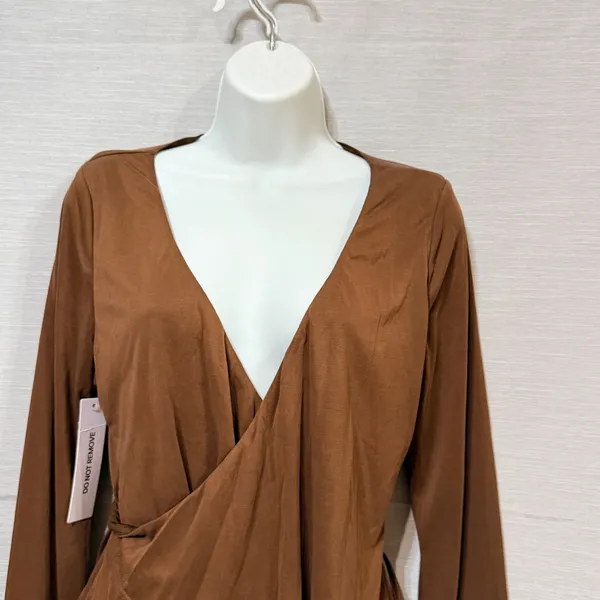 Princess Polly‎ Brown Long Sleeve Wrap Top V-Neck Tie Waist Cropped US 10 - Image 5